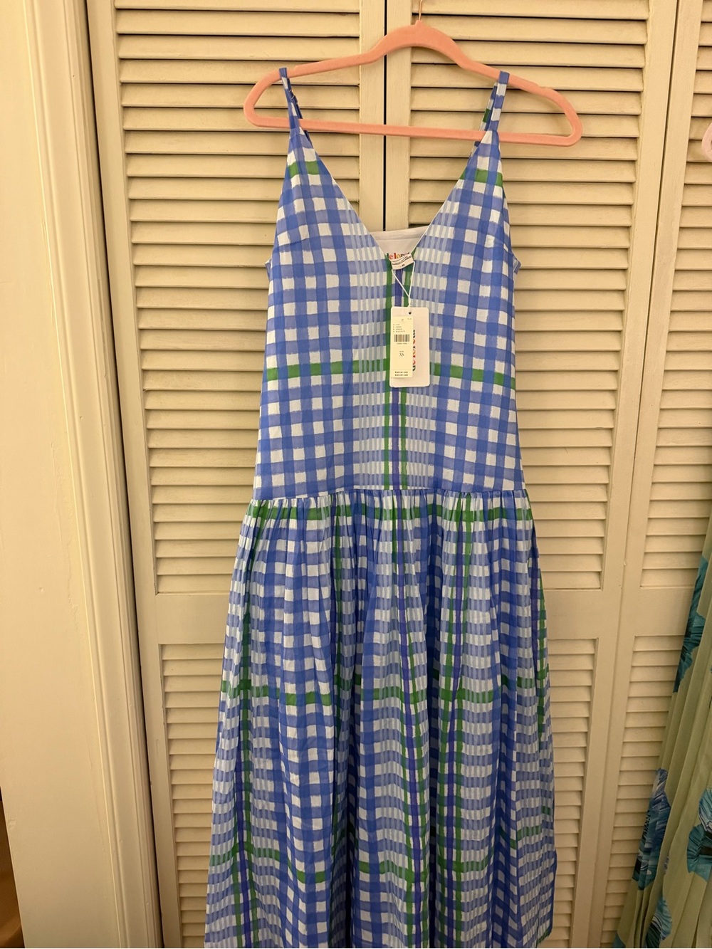 NWT from Anthropologie; Blue, green & white gingham dress with pockets.
